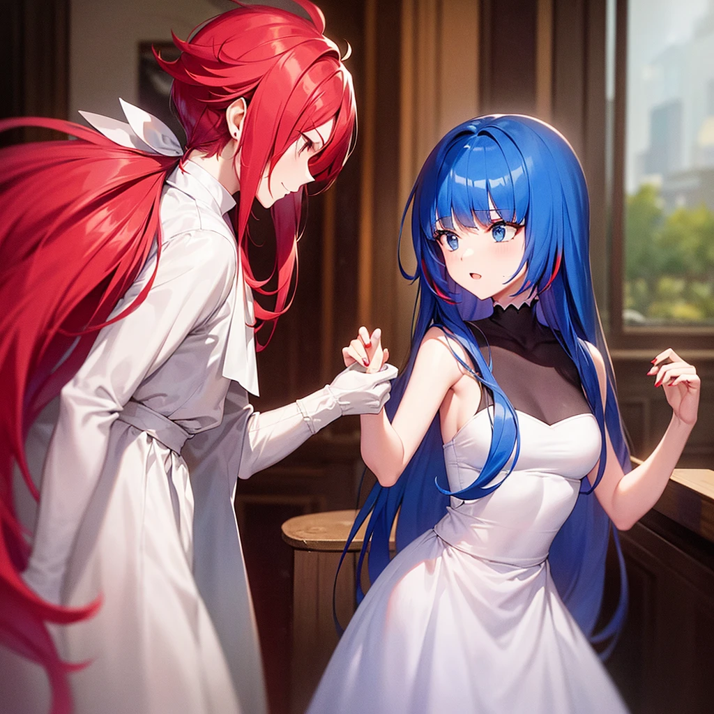 The man has red and white hair and the woman has long blue hair 