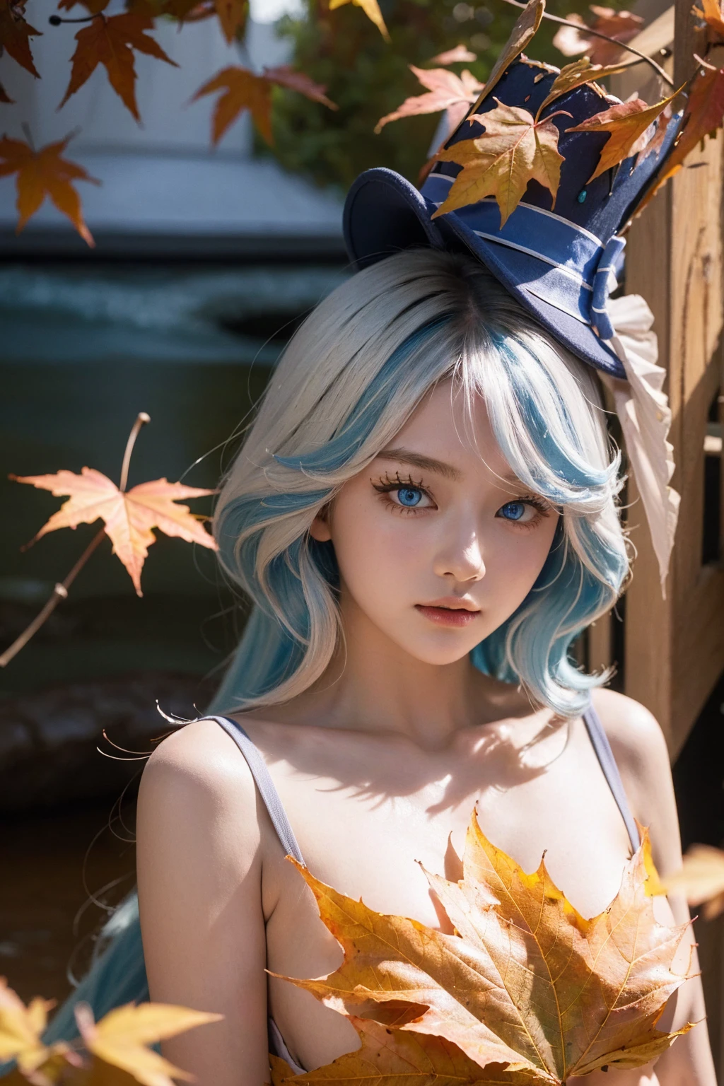 (masterpiece), Best Quality, Ultra-detailed, illustartion, raw photo, warm lighting, soft-lighting, Bright colors, 1 girl, solo,( handsome girl, Long hair, blue eyes, hat, white and blue hair, Hair between the eyes, side locks, medium hair, Her hair is disheveled,) , autumn, Lots of maples, Maple leaves, Golden Leaves, Colored leaves, Dry leaves, rivers,  Refreshing air,  peace, Cool breeze, sunset Autumn, sexly, lustful, blushing), huge breasts