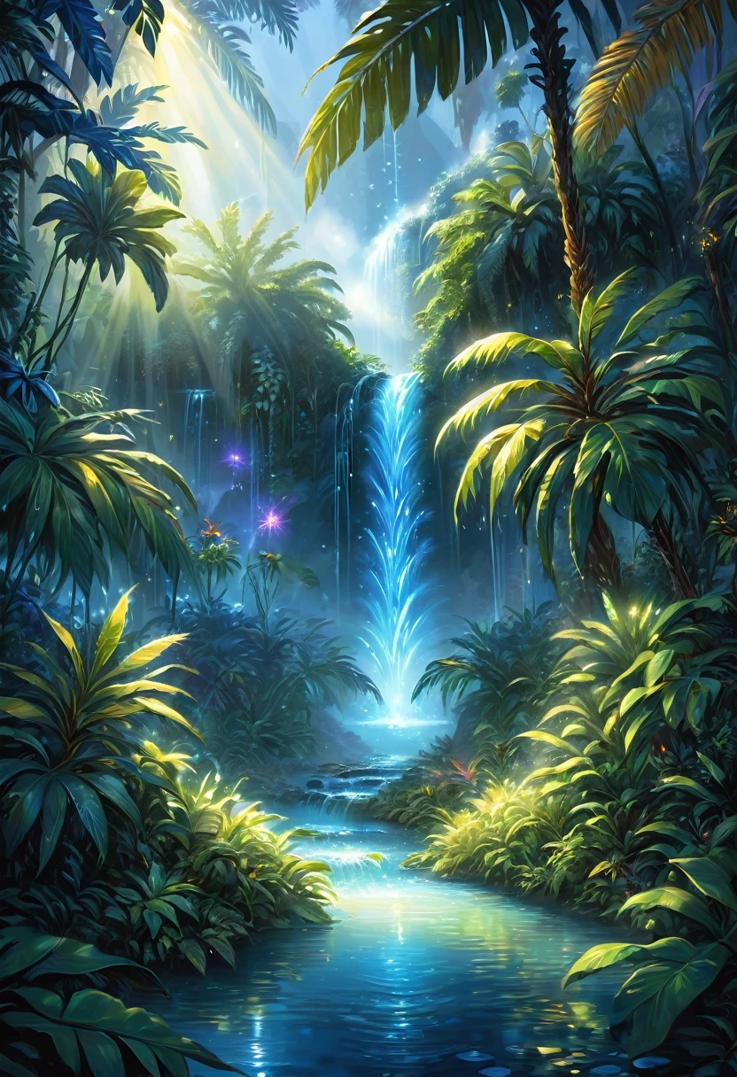 Fantasy style, illustration, An amazing oasis spreads over tropical expanses, blue Laguna, sparks, luminescent water, waterfalls, bridges, slopes and mountains, I make my way through the high jungle but inside the wild thickets, vines and palm trees there is warm light from illuminated fog and streams of light breaking through the crowns of trees, sparks like fireflies are visible and everywhere light resembling luminescent haze, in some places you can see electrically blue light, you can see the race and humidity of the leaves, looks like a good drawing