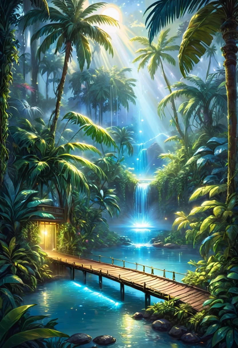 Fantasy style, illustration, An amazing oasis spreads over tropical expanses, blue Laguna, sparks, luminescent water, waterfalls, bridges, slopes and mountains, I make my way through the high jungle but inside the wild thickets, vines and palm trees there is warm light from illuminated fog and streams of light breaking through the crowns of trees, sparks like fireflies are visible and everywhere light resembling luminescent haze, in some places you can see electrically blue light, you can see the race and humidity of the leaves, looks like a good drawing