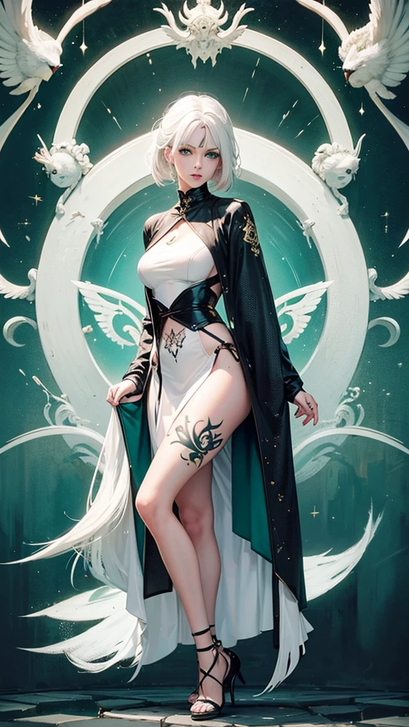 White hair, green eye, girl, tattooed, full body