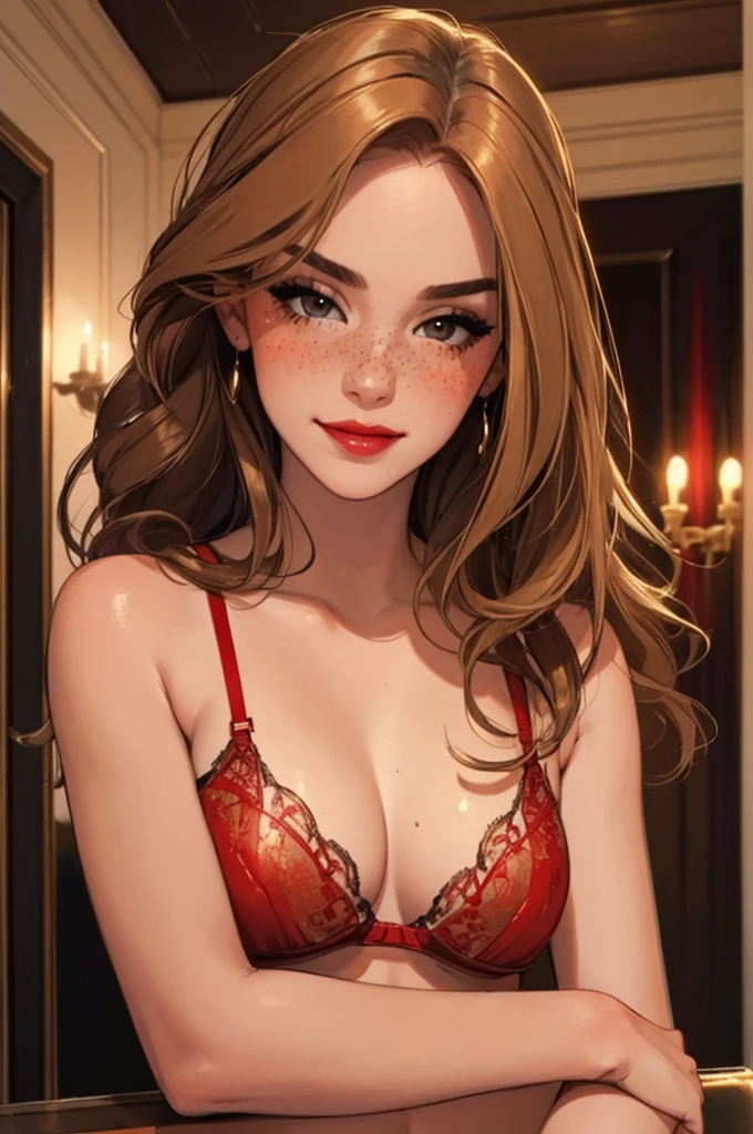 1girl,a beautiful fashion model ,(masterpiece, best quality), shiny hair, brown hair with blonde streaks ,smirk,juicy lips,red lips, lingerie, stripping, elegant makeup, exhibitionism, freckles, blush