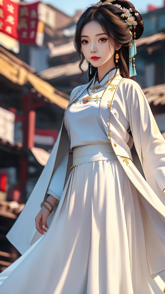 Girl in traditional Chinese clothing, Hanfu, Guzhen Hanfu women, White Hanfu,long straight black hair, black eyes, black bun hairstyle, hair accessories ,white diamond earrings, Bangle Diameter, Dia Necklace, Clear eyes, Facing forward,put on makeup, Long eyelashes ,(Long white coat:1.5), (long white skirt:1.5), ((Whole body)), ((from below))ฃ, Clear face, , (Very beautiful face, Beautiful mouth, beautiful eyes), detailed face, ((Ultra-fine skin)), In the dark, deep shadows, an ancient Chinese girl (Very slim figure 1.3) ,Plump breasts, sexy slender legs elegant posture (smile brightly) ,(slum:1.5),