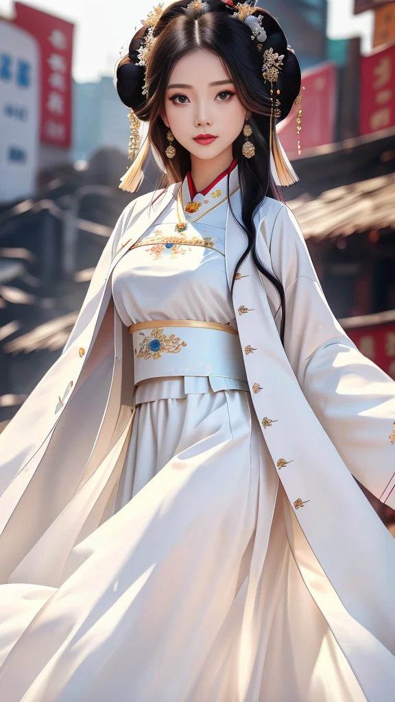 Girl in traditional Chinese clothing, Hanfu, Guzhen Hanfu women, White Hanfu,long straight black hair, black eyes, black bun hairstyle, hair accessories ,white diamond earrings, Bangle Diameter, Dia Necklace, Clear eyes, Facing forward,put on makeup, Long eyelashes ,(Long white coat:1.5), (long white skirt:1.5), ((Whole body)), ((from below))ฃ, Clear face, , (Very beautiful face, Beautiful mouth, beautiful eyes), detailed face, ((Ultra-fine skin)), In the dark, deep shadows, an ancient Chinese girl (Very slim figure 1.3) ,Plump breasts, sexy slender legs elegant posture (smile brightly) ,(slum:1.5),