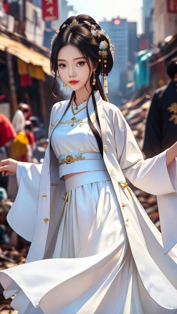 Girl in traditional Chinese clothing, Hanfu, Guzhen Hanfu women, White Hanfu,long straight black hair, black eyes, black bun hairstyle, hair accessories ,white diamond earrings, Bangle Diameter, Dia Necklace, Clear eyes, Facing forward,put on makeup, Long eyelashes ,(Long white coat:1.5), (long white skirt:1.5), ((Whole body)), ((from below))ฃ, Clear face, , (Very beautiful face, Beautiful mouth, beautiful eyes), detailed face, ((Ultra-fine skin)), In the dark, deep shadows, an ancient Chinese girl (Very slim figure 1.3) ,Plump breasts, sexy slender legs elegant posture (smile brightly) ,(slum:1.5),