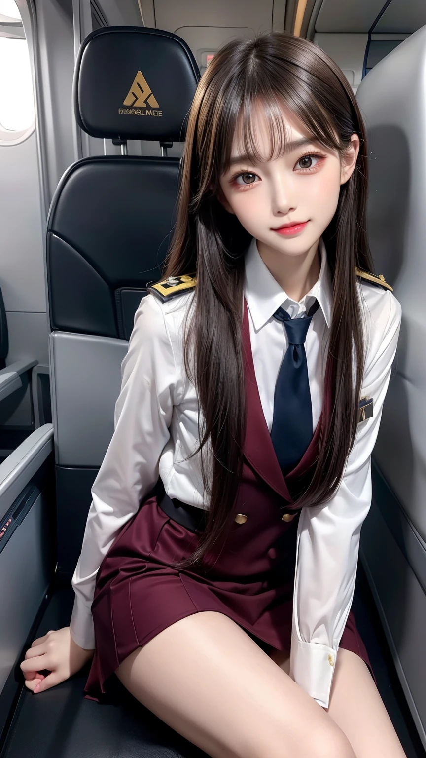 masutepiece, Best Quality, 8K、(Golden Ratio Face、Balanced eyes、very gentle eyelids)、double eyelid、Beautiful nasal muscles、Shy laughter、Lip Gloss 、Very beautiful girl、Beautiful girl solo like a model、View photographer、Image of a woman wearing a uniform with a tie, loose coat color uniform, uniform, full uniform, pilot outfit, officer uniform, mini skirt, girl wearing school uniform、flight attendant suit,Stewardess uniform,Stewardess uniform、(Look at viewers,Inside the plane:1.2)、(Showing fair thighs), (Sitting on the seat with legs crossed), foucs on legs,
