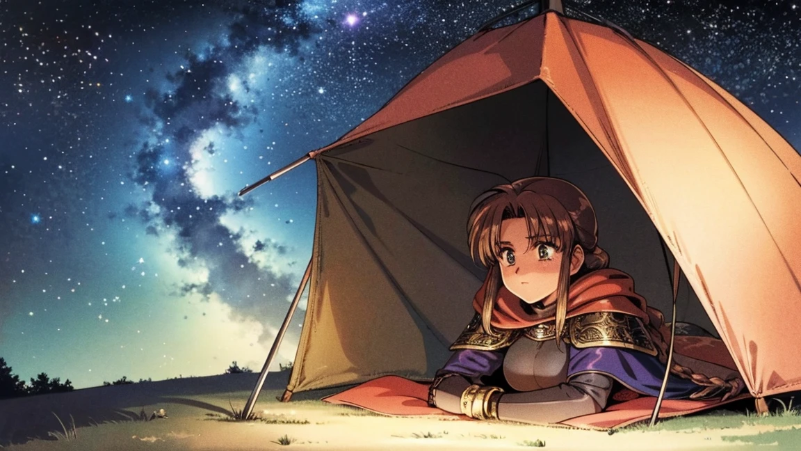 A human female adventurer camping outdoors in a fantasy game world. She is lying down on a blanket near a campfire, gazing thoughtfully at the stars. She has long, braided hair and is dressed in medieval-style adventurer clothing with leather armor and a cloak. The warm, flickering campfire light highlights her relaxed and contemplative expression. The background features a dense, enchanted forest under a starry night sky. The scene is brought to life with detailed shading and vibrant colors. 1920x1080 resolution.