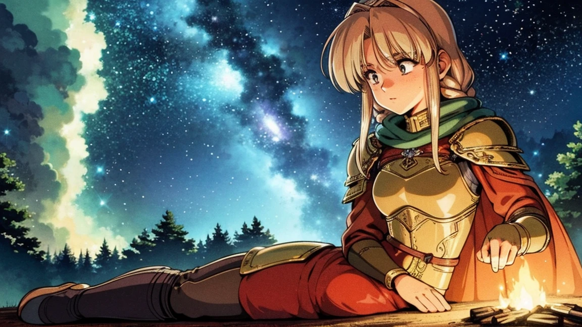 A human female adventurer camping outdoors in a fantasy game world. She is lying down on a blanket near a campfire, gazing thoughtfully at the stars. She has long, braided hair and is dressed in medieval-style adventurer clothing with leather armor and a cloak. The warm, flickering campfire light highlights her relaxed and contemplative expression. The background features a dense, enchanted forest under a starry night sky. The scene is brought to life with detailed shading and vibrant colors. 1920x1080 resolution.