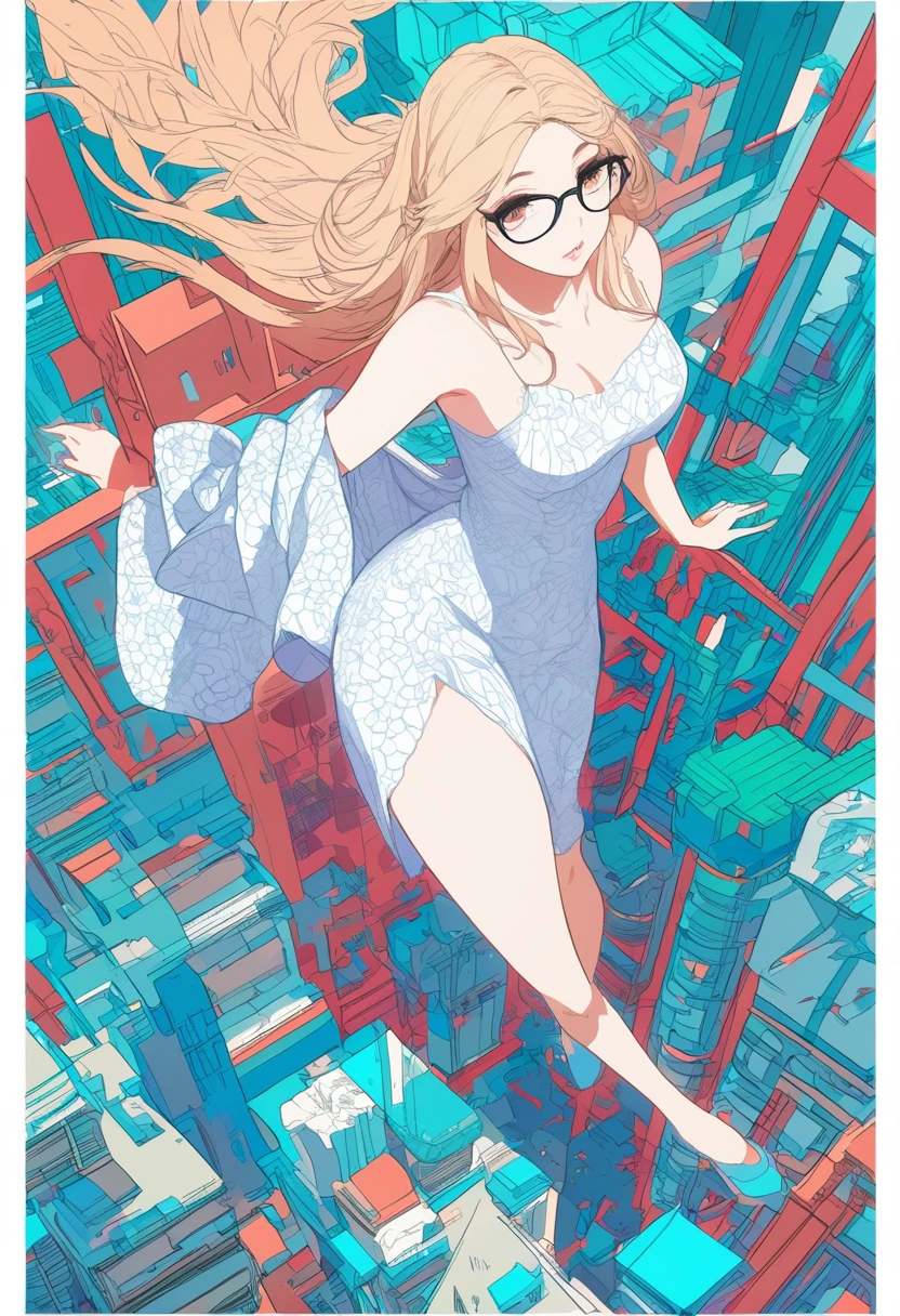 ultra-detailed:1.3, ultra delicate and detailed face:1.3, (absurdres, texture, masterpiece), isometric, pop art, no outline, minimalism, pixiv contest winner, dynamic manga-style illustration by Posuka Demizu, by Wu Guan Zhong, flashy slender gyaru wearing  loosely with glasses, Her porcelain skin glows softly against the artful scenery behind her., moist lips, 