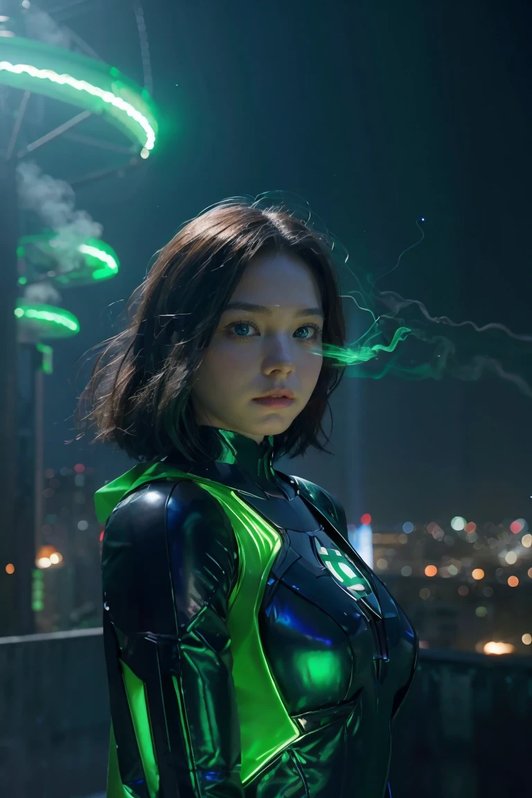 Scene from the movie, Woman dressed as Green Lantern from DC, extremely detailed, futuristic cityscape, nighttime, glowing neon lights, smoke, sparks, metal shavings, flying debris, blue energy effects, volumetric light