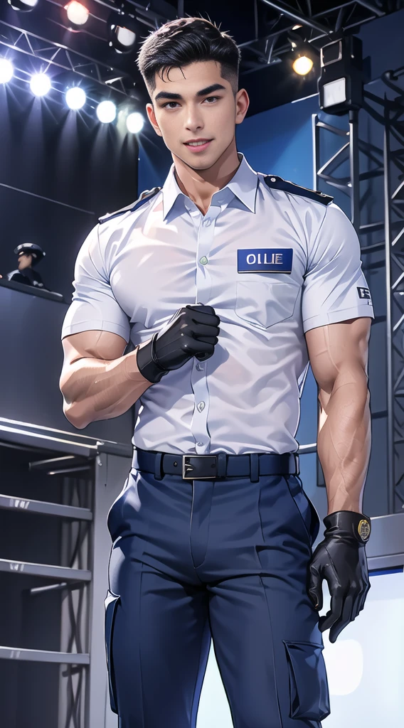 handsome man,(crew cut short hair:1.2),black eye,smile,open mouth (navy police uniform:1.2),(shirt short sleeves:1.2),collar,(shirt covered over:1.2),(name tag and Police badge:1.3),(shirt no buttons:1.1),(black_gloves:1.3), (Navy blue cargo:1.2),Korean guy,korean men,(High gloss details),(chest muscles:1.2),(large arm muscles:1.2),blood vessel,Big muscles,Broad shoulders,looking at the audience,Balancing the eyes,middle of the road,(stage:1.2),