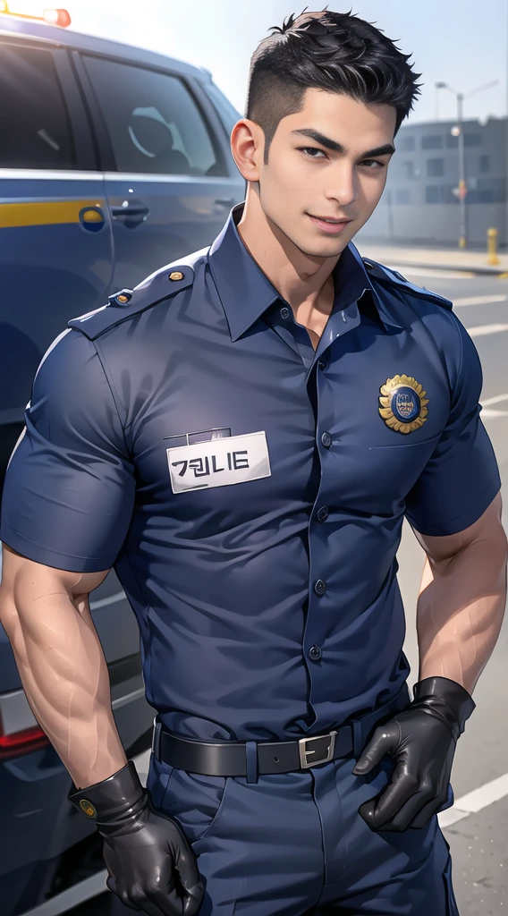 handsome man,(crew cut short hair:1.2),black eye,smile,open mouth (navy police uniform:1.2),(shirt short sleeves:1.2),collar,(shirt covered over:1.2),(name tag and Police badge:1.3),(shirt no buttons:1.1),(black_gloves:1.3), (Navy blue cargo:1.2),Korean guy,korean men,(High gloss details),(chest muscles:1.2),(large arm muscles:1.2),blood vessel,Big muscles,Broad shoulders,looking at the audience,Balancing the eyes,middle of the road,(stage:1.2),
