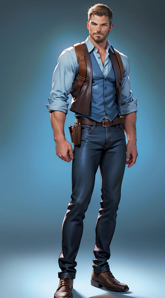 1 man, male focus solo, middle aged man,Stephen AMELL, tall, lean muscle, light blue shirt, brown leather shoulder holster, faded black trouser, full body shot, black short hair, facial hair, holding a pistol with two hands, (pistol:1.2), ultra high quality, masterpiece, low camera angle, intense splashed blue and white paint in the blackground