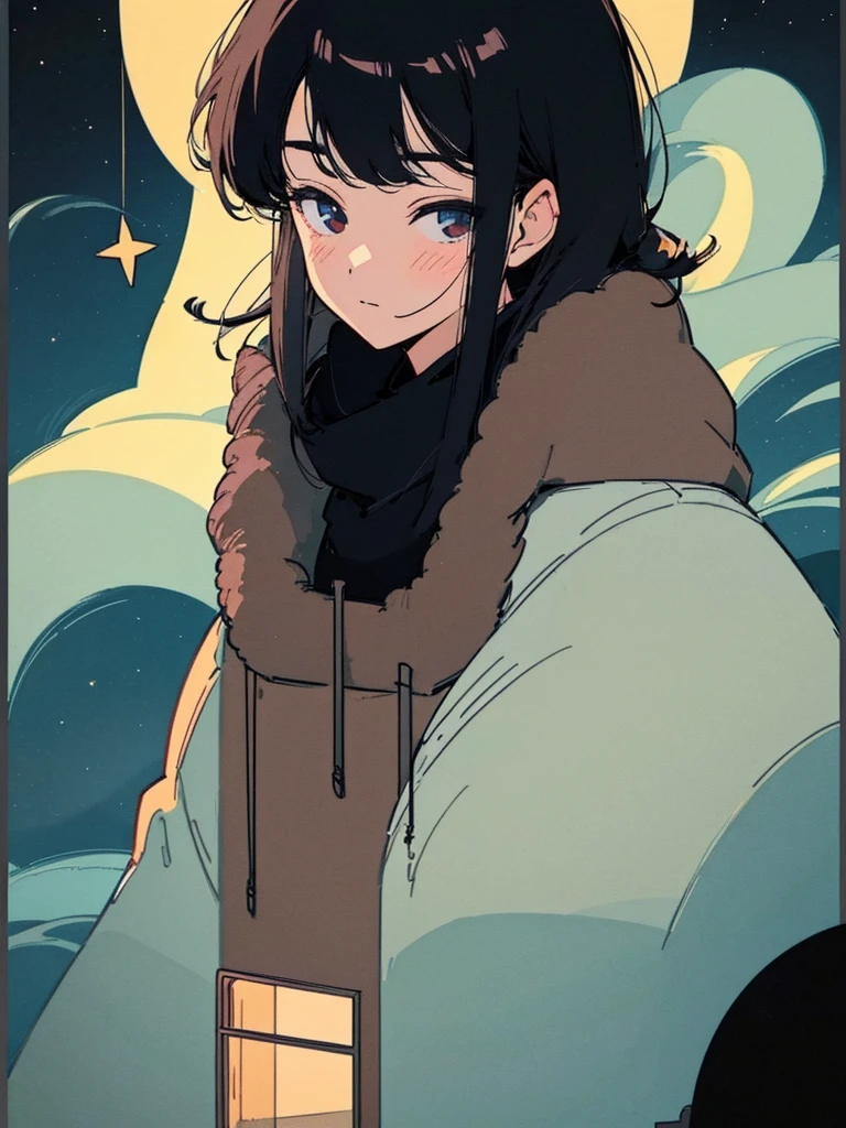 Close-up of a 19-year-old black-haired man、Being Calm、gentle light、black background、Coffee、head shot、Lo-Fi Illustration、a relaxing sight、starry sky、Countless stars、night view、Scarf、hoodie