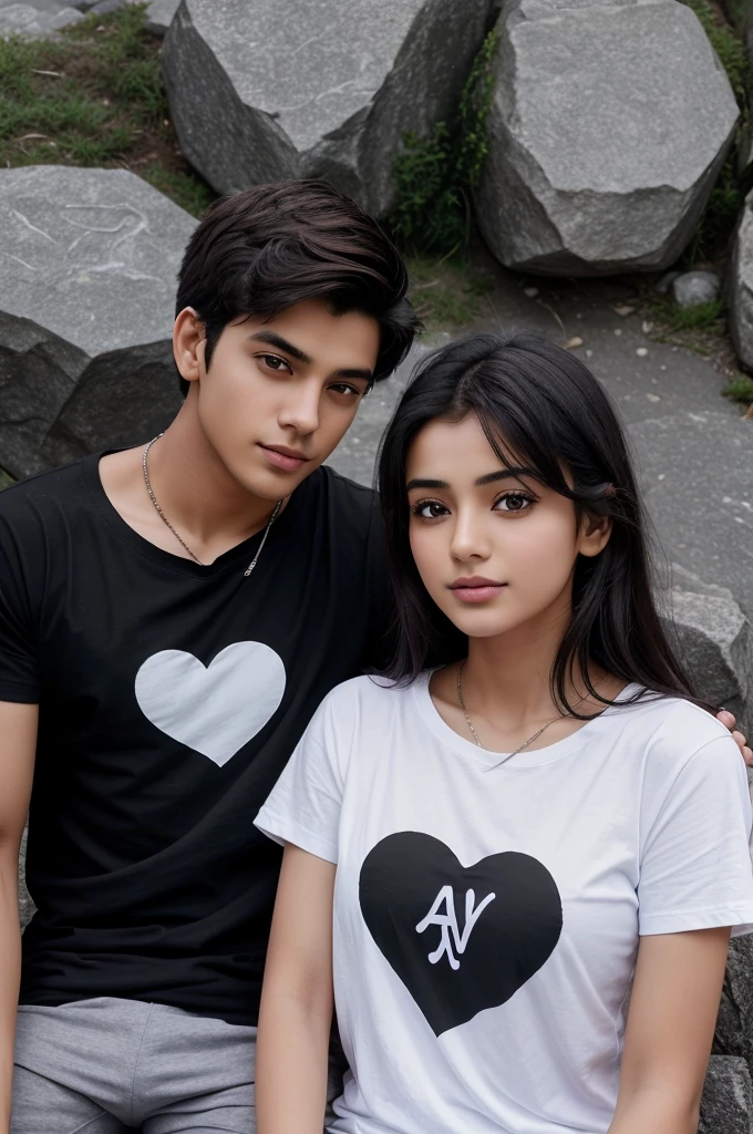 A young couple, enjoying a peaceful moment on a mountain peak, both wearing white T-shirts. The boy's T-shirt has the name 'SACHIN' written in deep black letters, positioned above a heart. Similarly, the girl's T-shirt features the name 'HIMANSHI' in dark black letters, also above a heart❤❤❤❤."