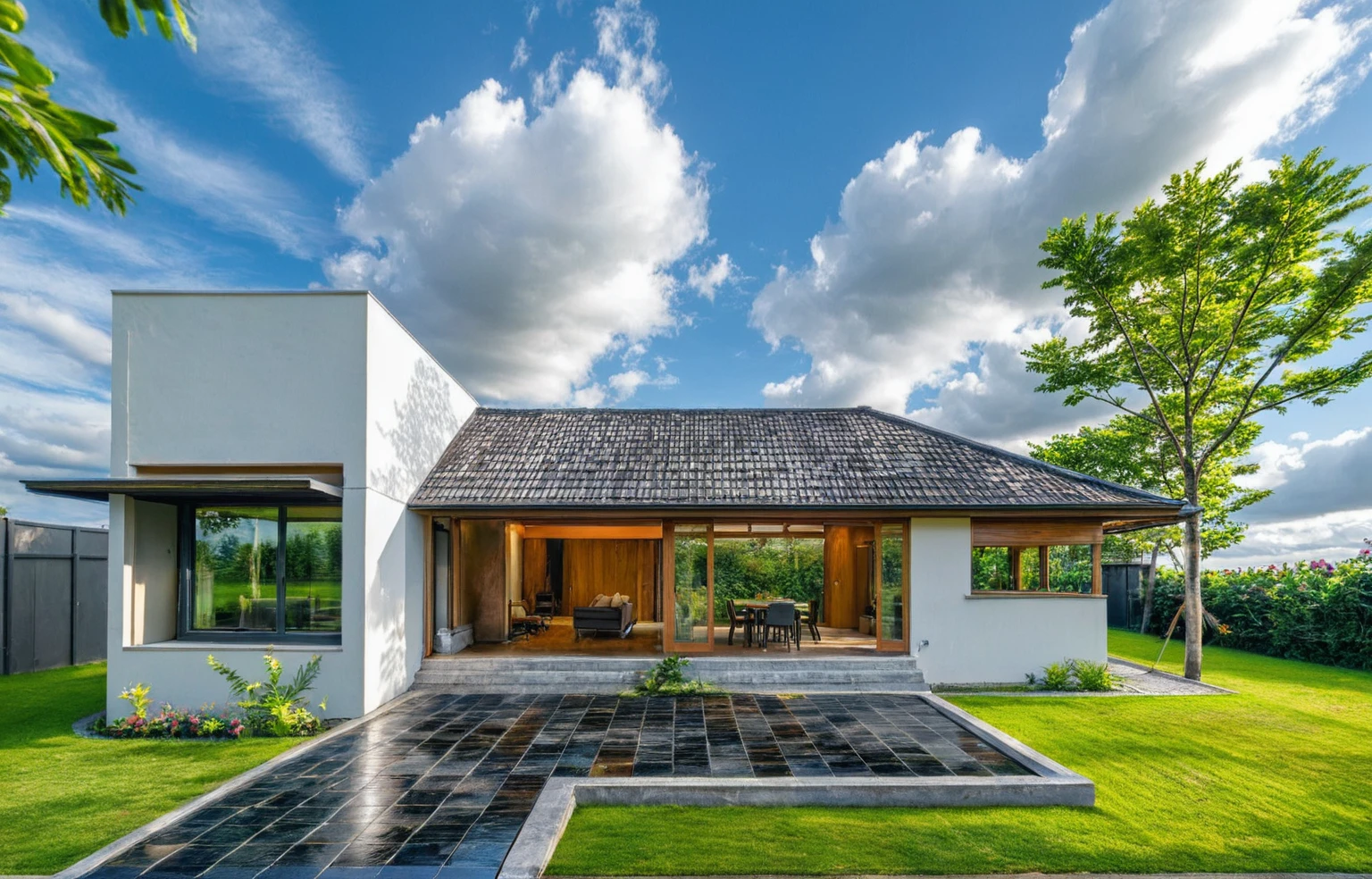 Masterpiece, high quality, best quality, authentic, super detail, outdoors, house style modern,bietthuhn, white wall, glass windows, gate road,pavement, grass, trees,blue sky, cloud, (day:1.1), realistic lighting, japan garden