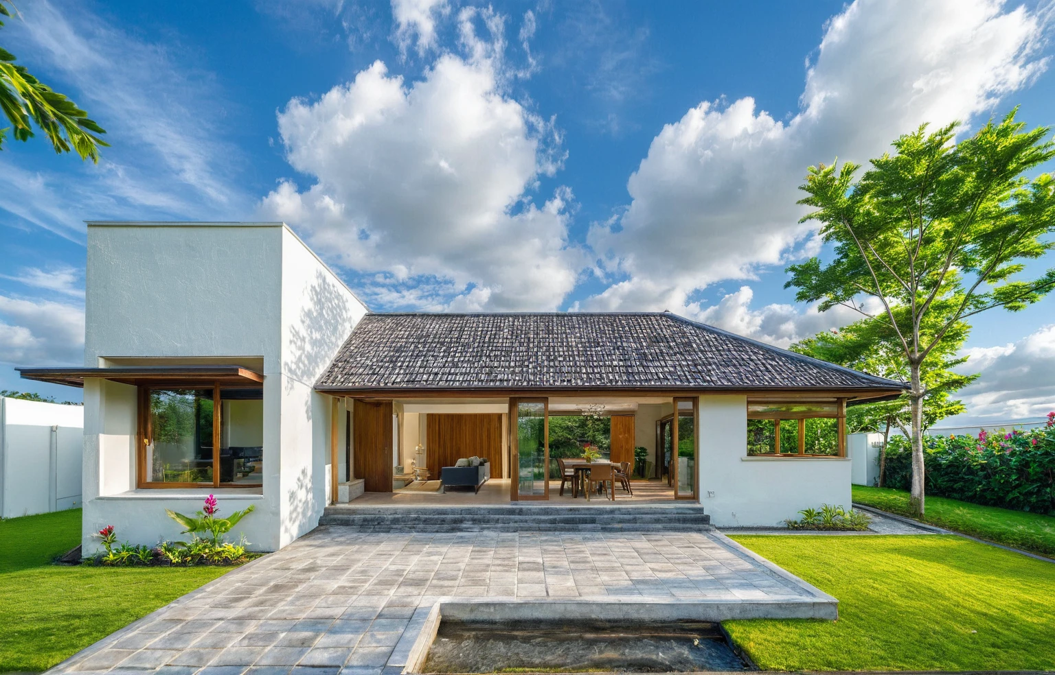 Masterpiece, high quality, best quality, authentic, super detail, outdoors, house style modern,bietthuhn, white wall, glass windows, gate road,pavement, grass, trees,blue sky, cloud, (day:1.1), realistic lighting, japan garden
