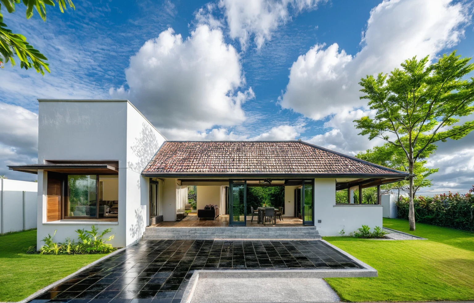 Masterpiece, high quality, best quality, authentic, super detail, outdoors, house style modern,bietthuhn, white wall, glass windows, gate road,pavement, grass, trees,blue sky, cloud, (day:1.1), realistic lighting, japan garden