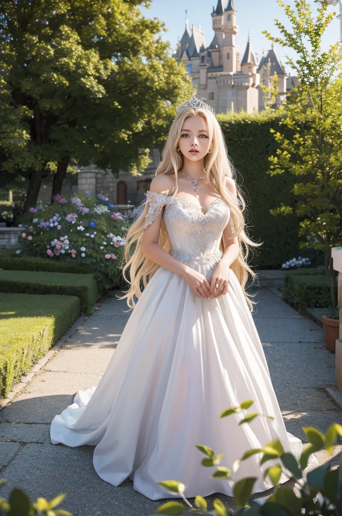 masterpiece, highres, high detailed,  intricate details, depth of field, 1 girl, queen, royal crown, Coronation Gown, queen dress, Evening Gown, outdoor background. The background is a luxurious castle, mildly clouds, best sunlight. There are 2 long flower beds besides the path, queen is standing on the path. Her face is gorgeous, beautiful, confident. She wears a lot of luxury jelweries. She has blue eyes, platinum blonde long shining hair. Behind her is the castle.