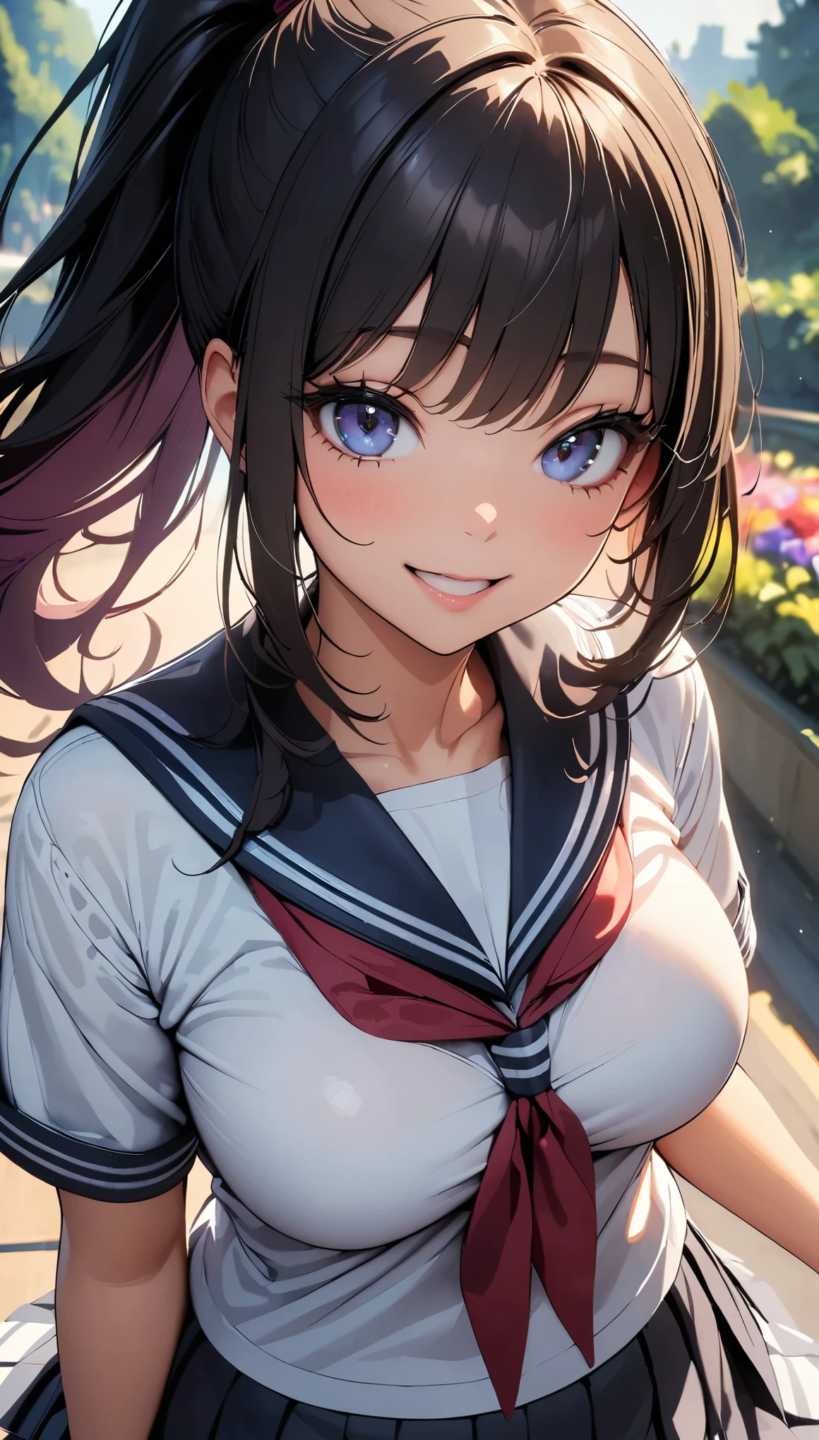 (Highest quality:1.24K, 8K, Very detailed, Latest, Vibrant, High detail, masterpiece:1.2, Highest quality, Best aesthetics), (((1 Girl))), JK, Sailor suit, Pleated skirt, Open your mouth slightly:1.2, smile, (Black Hair, High long ponytail), Dynamic Angle, Friendly atmosphere, Beautiful Hair, Shiny Hair, Beautiful Skin, Detailed face and eyes, Glossy Lips, Curvy Women, A park full of greenery:1.2, Colorful flowers, Light and shadow with attention to detail, Background Blur.