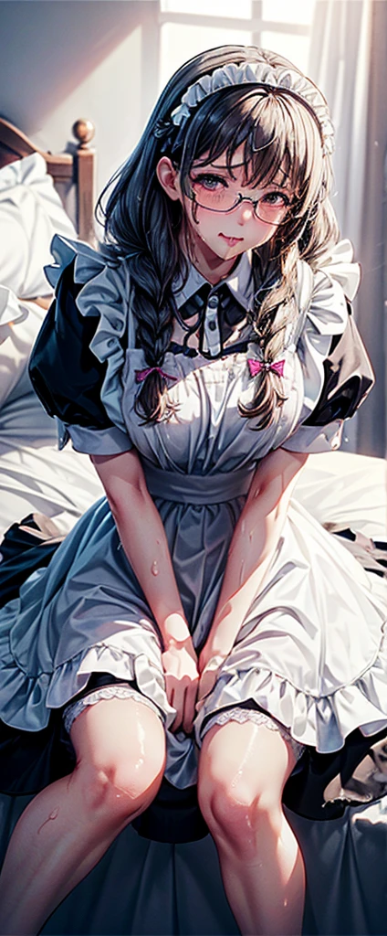 (Maid　Braid　Leg spread　Glasses　Creampie 、　Watery eye　、Sweaty、　Big Breasts　disgusted face　、Semen all over the body、　Ripped skirt gangbang,1boys　vaginale,Sex　View from directly above）　（background　Bed）