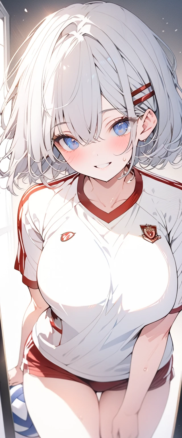 beautiful, masterpiece, Highest quality, anime, One girl, C Cup,Portrait Shot, View your viewers, Covered、Short Hair、nearby、Blue Eyes、art、、White hair,Blue streaked hair、hairpin、Cute smile、Thighs、Cute、Beautiful breasts、Sweat、Volleyball Club、Volleyball uniform、separate、mirror、Private room、Other shots
