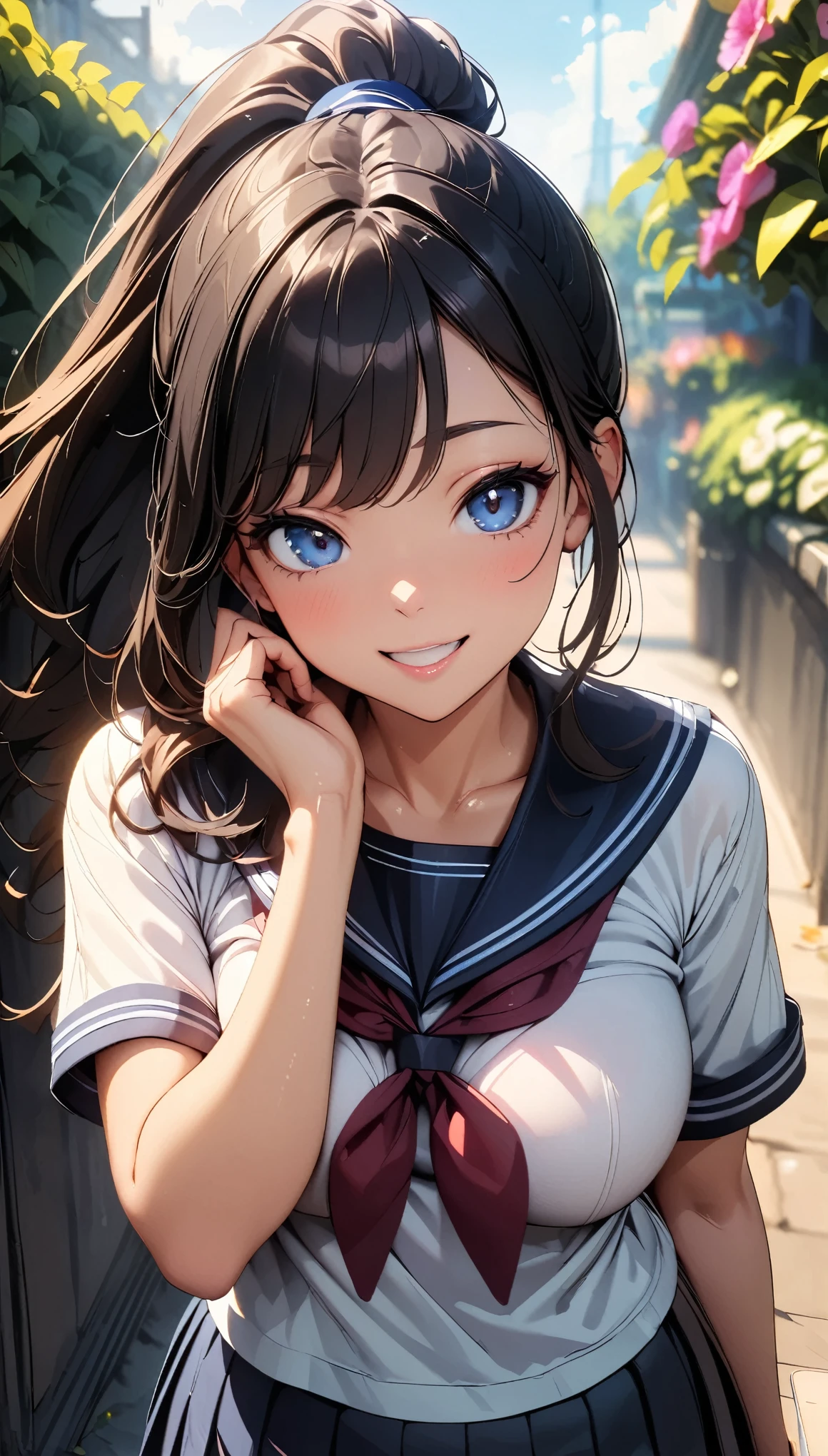 (Highest quality:1.2, 4K, 8K, Very detailed, Latest, Vibrant, High detail, masterpiece:1.2, Highest quality, Best aesthetics), (((1 Girl))), JK, Sailor suit, Pleated skirt, Open your mouth slightly:1.2, smile, (Blue Hair, Twin tails in a high position), Dynamic Angle, Friendly atmosphere, Beautiful Hair, Shiny Hair, Beautiful Skin, Detailed face and eyes, Glossy Lips, Curvy Women, A park full of greenery:1.2, Colorful flowers, Light and shadow with attention to detail, Background Blur.