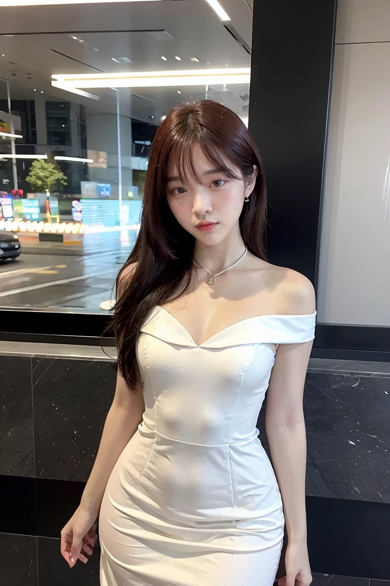 ((Realistic lighting, Best quality, 8K, Masterpiece: 1.3)), Focus: 1.2, 1girl, Perfect Figure: 1.4, Slim Abs: 1.1, ((Dark brown hair)), (White dress: 1.4), (Outdoor, Night: 1.1), City streets, Super fine face, Fine eyes, Double eyelids,