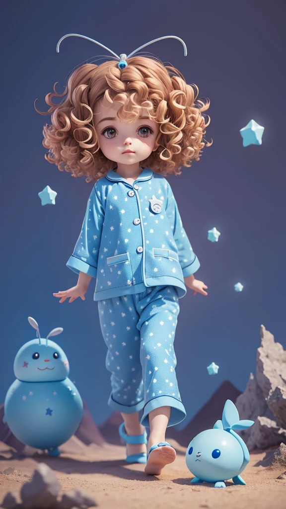 a with curly hair and star-patterned pajamas,and a small blue creature with antennae on its head, walking together, surrounded by craters and small mountains.