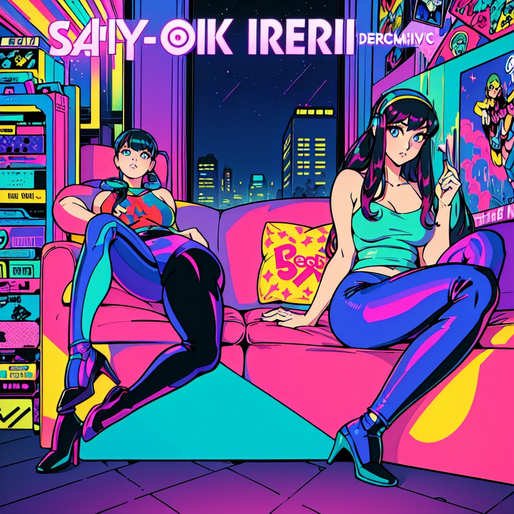 (masterpiece), Highest quality, Expressive eyes, Neon pastel aesthetics, Retro 90s, Neon color,((Girl sitting on sofa,In a cozy room,Records hanging on her wall, Comic books on the floor, Looking out the window behind her at the night city, Upholstered room, Anime figures lined up on a shelf)), Wearing headphones, (All around her it sparkles), (Wearing high socks and heels), (blue eyes), (Soft look), (Synthwave Art Style), Colorful Hair, Desk with PC set up