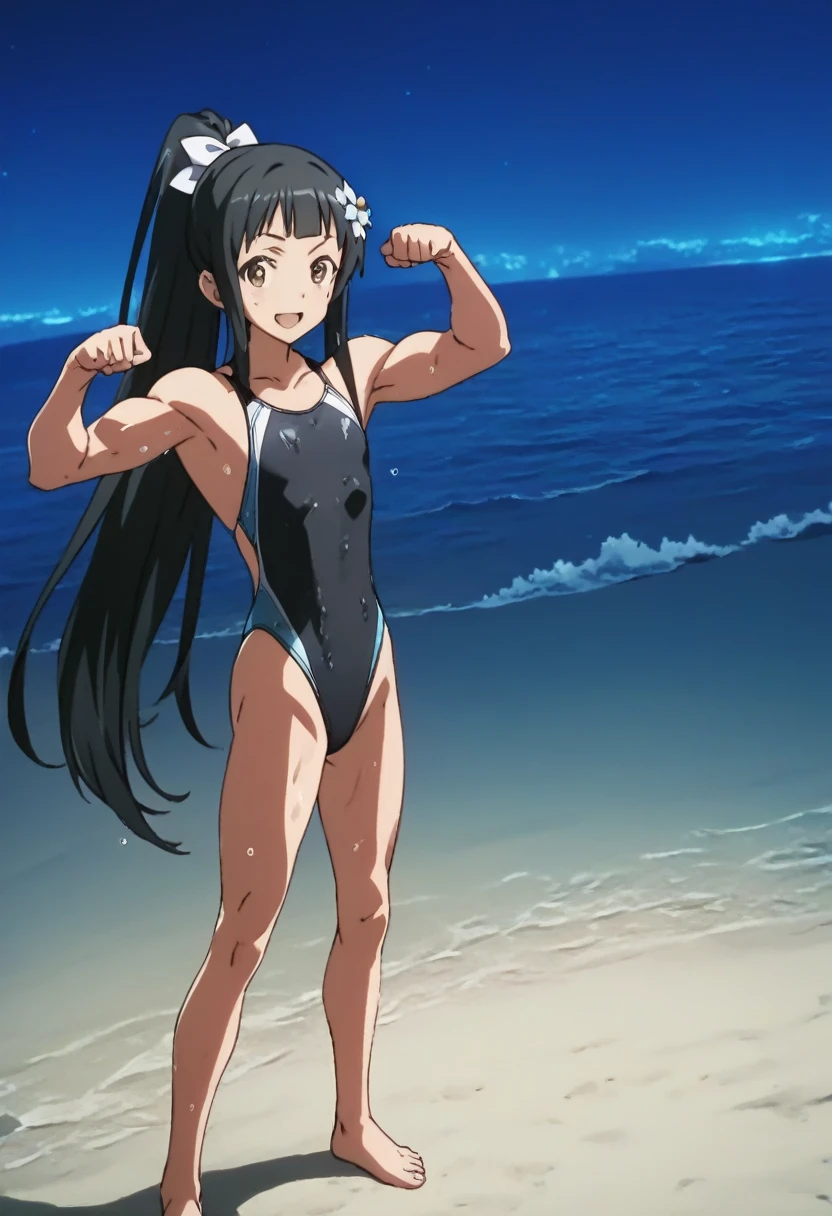 sword art online, yui, long hair, bangs, black hair, hair ornament, very long hair, high ponytail, blunt bangs, hime cut, brown eyes, masterpiece, best quality, anime screencap, tsuchimiya, competition swimsuit, black swimsuit, barefoot, bare legs, 1girl, solo, night, ocean, smile, open mouth, black one-piece swimsuit, full body, wet, high saturation, high contrast, outdoor, concept, bodybuilder, muscular female, alternate muscle size, muscle, flexing, standing