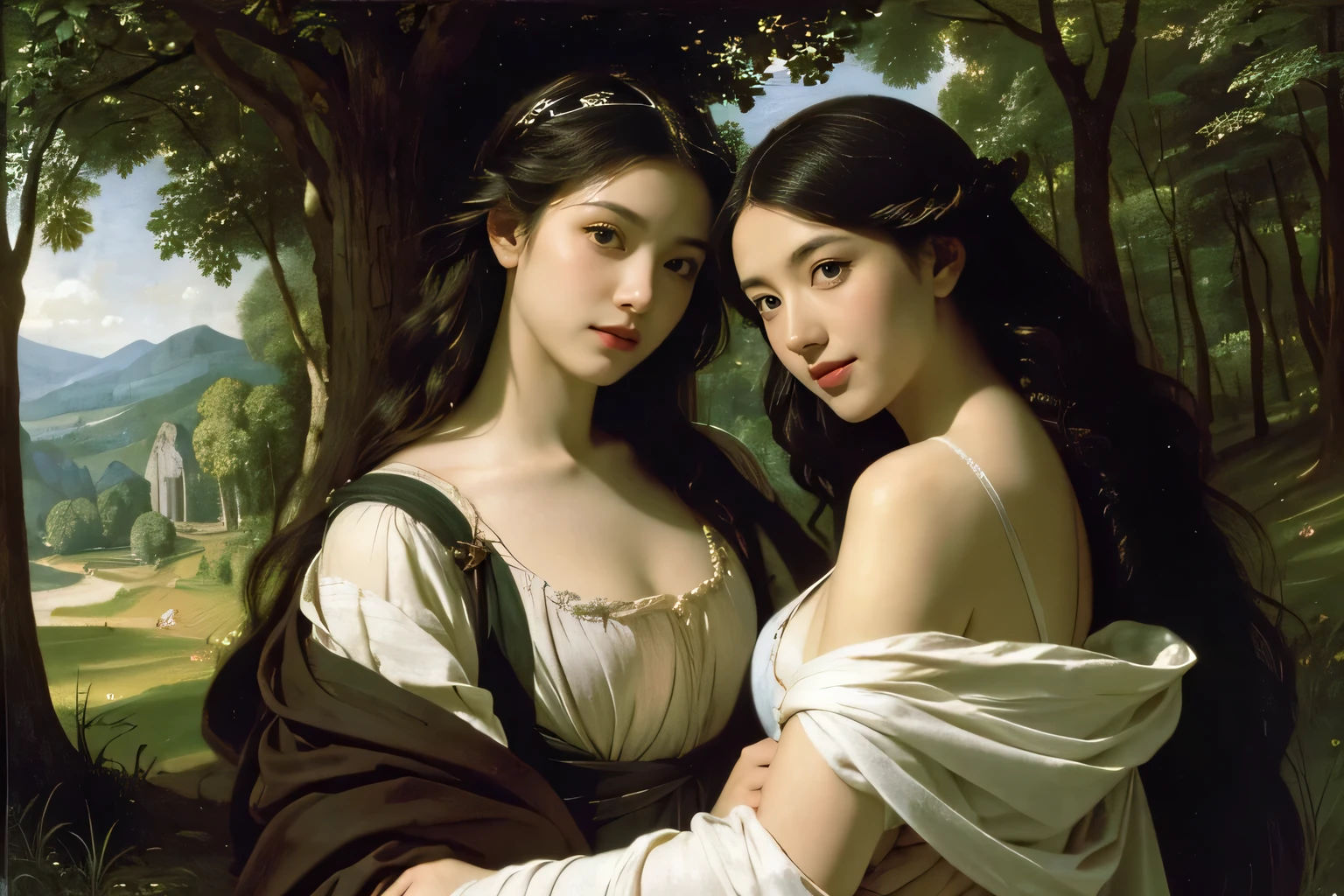 Giorgione painting style,Barbizon forest A beautiful woman in Greek dress smiles on the shore,Sweet and seductive appearance.、Caravaggio's paintings、Chiaroscuro of Caravaggio、hair tousled by the wind,Two women frolicking,cute smile, expression of ecstasy,Sexy,erotic, full body portrait