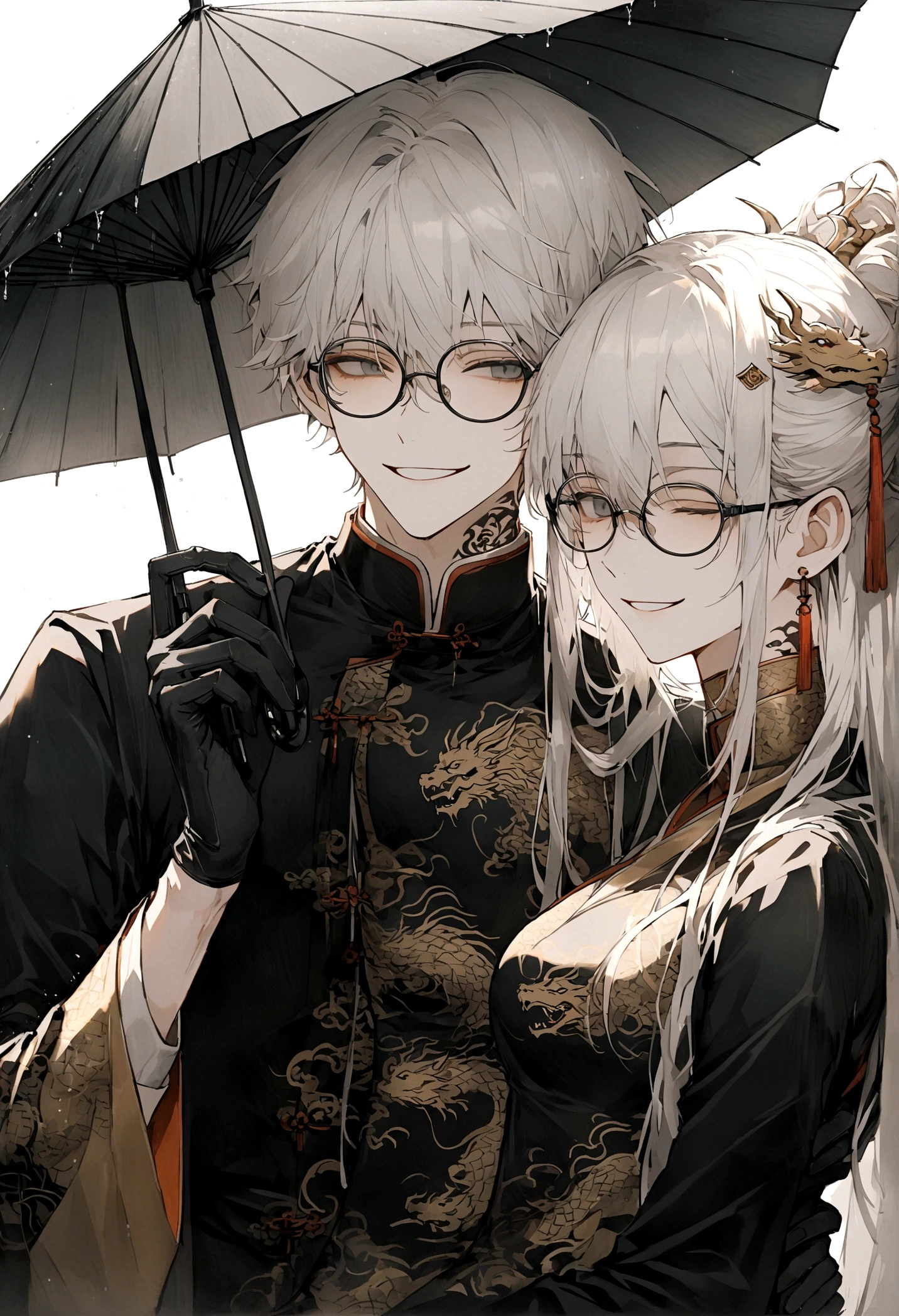 Long white hair, always smile and close the eyes,male,slim, black Chinese mix Vietnamese long clothes with golden dragon patterns, black dragon tattoos on neck, black rimless glasses on head, black gloves, personality stoic always close the eyes, holding black umbrella,The background have bamboo have rainy 