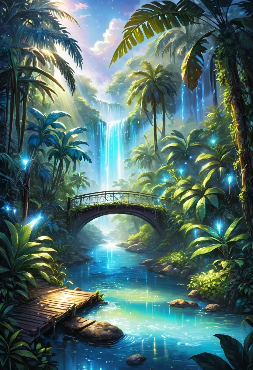 Fantasy style, illustration, An amazing oasis spreads over tropical expanses, blue Laguna, sparks, luminescent water, waterfalls, bridges, slopes and mountains, I make my way through the high jungle but inside the wild thickets, vines and palm trees there is warm light from illuminated fog and streams of light breaking through the crowns of trees, sparks like fireflies are visible and everywhere light resembling luminescent haze, in some places you can see electrically blue light, you can see the race and humidity of the leaves, looks like a good drawing