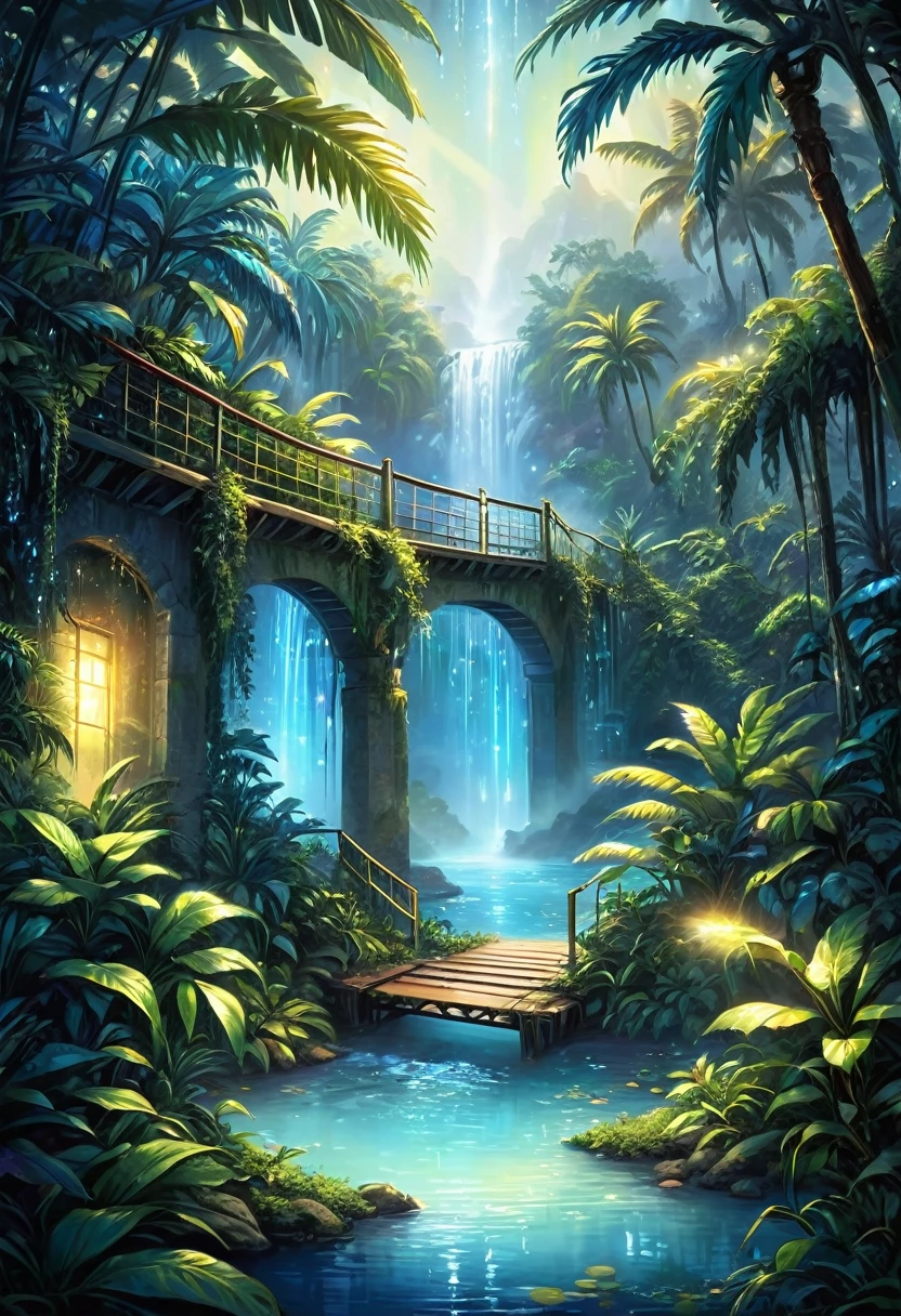 Fantasy style, illustration, An amazing oasis spreads over tropical expanses, blue Laguna, sparks, luminescent water, waterfalls, bridges, slopes and mountains, I make my way through the high jungle but inside the wild thickets, vines and palm trees there is warm light from illuminated fog and streams of light breaking through the crowns of trees, sparks like fireflies are visible and everywhere light resembling luminescent haze, in some places you can see electrically blue light, you can see the race and humidity of the leaves, looks like a good drawing