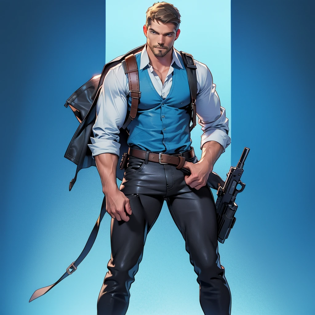 1 man, male focus solo, middle aged man,Stephen AMELL, tall, lean muscle, light blue shirt, brown leather shoulder holster, faded black trouser, full body shot, black short hair, facial hair, holding a pistol with two hands, (pistol:1.2), ultra high quality, masterpiece, low camera angle, intense splashed blue and white paint in the blackground