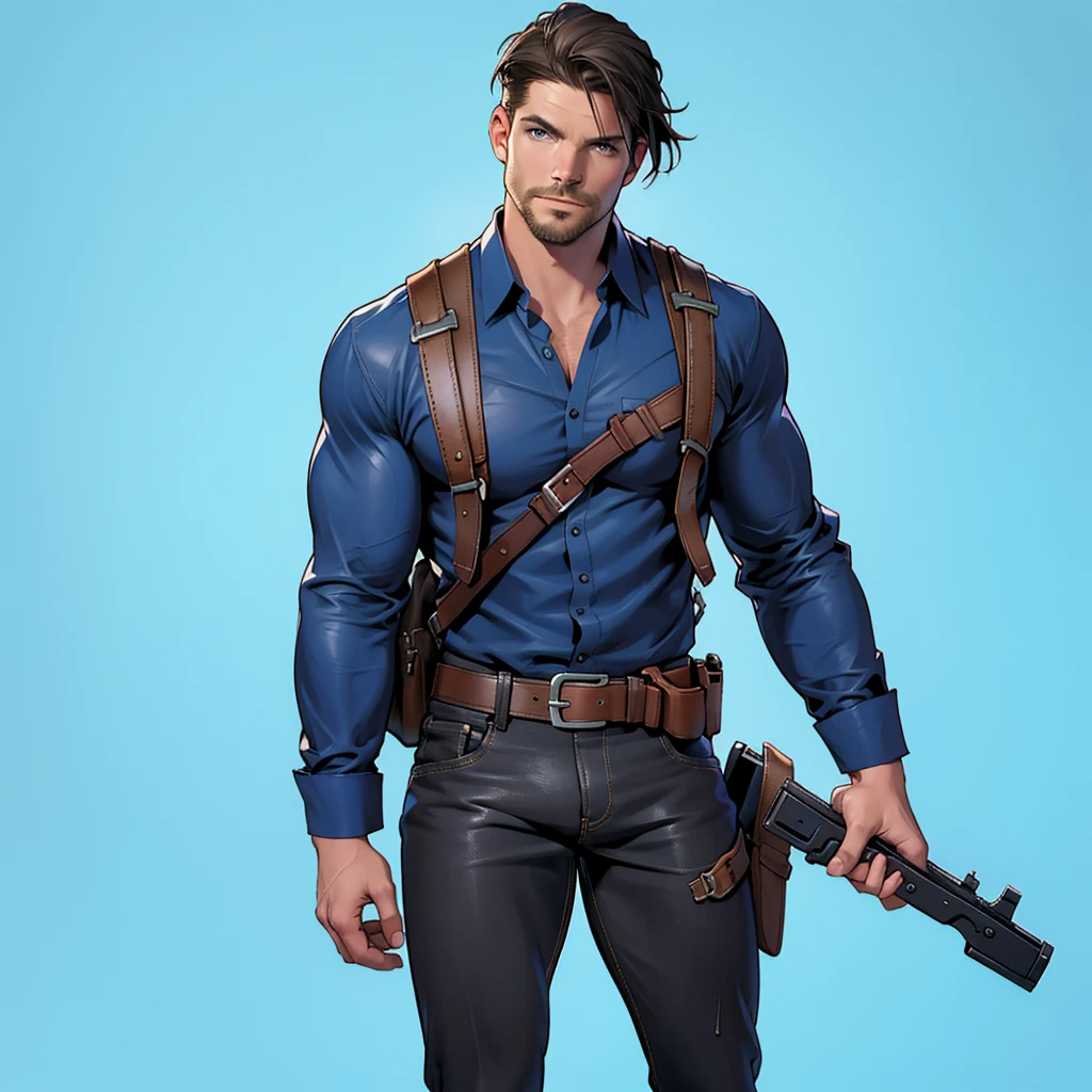 1 man, male focus solo, middle aged man,Stephen AMELL, tall, lean muscle, light blue shirt, brown leather shoulder holster, faded black trouser, full body shot, black short hair, facial hair, holding a pistol with two hands, (pistol:1.2), ultra high quality, masterpiece, low camera angle, intense splashed blue and white paint in the blackground