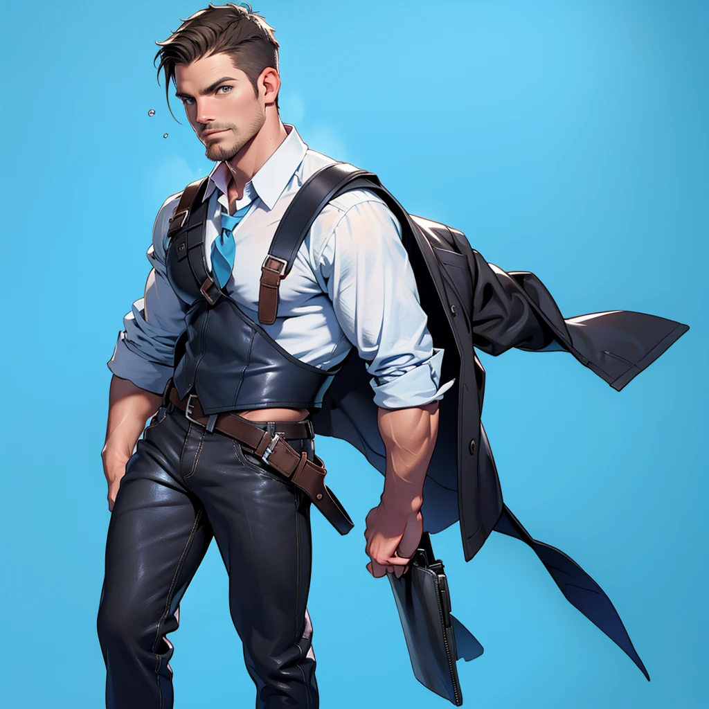 1 man, male focus solo, middle aged man,Stephen AMELL, tall, lean muscle, light blue shirt, brown leather shoulder holster, faded black trouser, full body shot, black short hair, facial hair, holding a pistol with two hands, (pistol:1.2), ultra high quality, masterpiece, low camera angle, intense splashed blue and white paint in the blackground