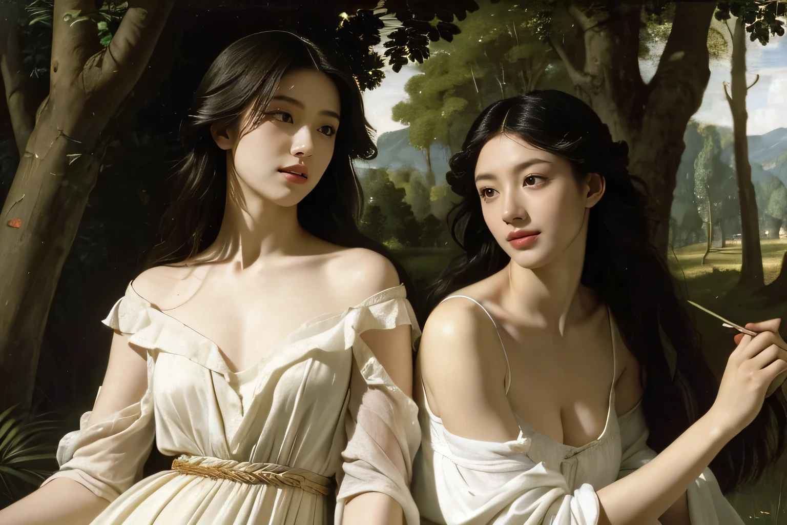 Giorgione painting style,Barbizon forest A beautiful woman in Greek dress smiles on the shore,Sweet and seductive appearance.、Caravaggio's paintings、Chiaroscuro of Caravaggio、hair tousled by the wind,Two women frolicking,cute smile, expression of ecstasy,Sexy,erotic, full body portrait