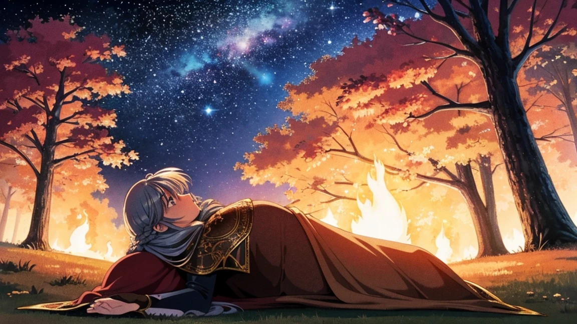 A human female adventurer camping outdoors in a fantasy game world. She is lying down on a blanket near a campfire, gazing thoughtfully at the stars. She has long, braided hair and is dressed in medieval-style adventurer clothing with leather armor and a cloak. The warm, flickering campfire light highlights her relaxed and contemplative expression. The background features a dense, enchanted forest under a starry night sky. The scene is brought to life with detailed shading and vibrant colors. 1920x1080 resolution.