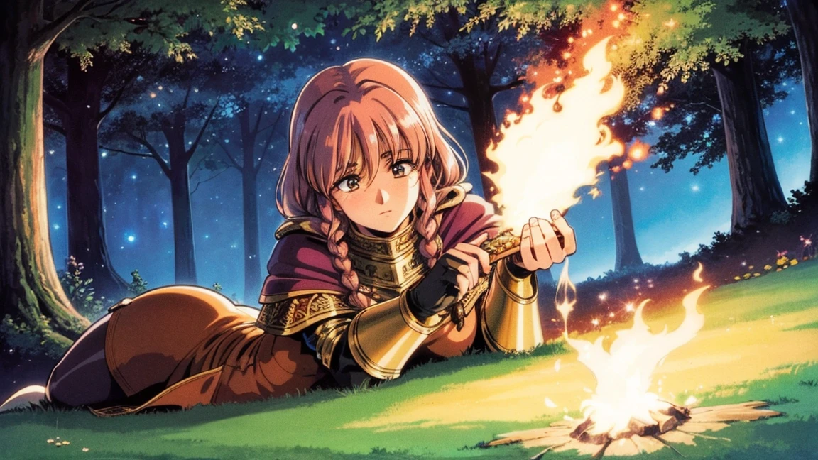 A human female adventurer camping outdoors in a fantasy game world. She is lying down on a blanket near a campfire, gazing thoughtfully at the stars. She has long, braided hair and is dressed in medieval-style adventurer clothing with leather armor and a cloak. The warm, flickering campfire light highlights her relaxed and contemplative expression. The background features a dense, enchanted forest under a starry night sky. The scene is brought to life with detailed shading and vibrant colors. 1920x1080 resolution.