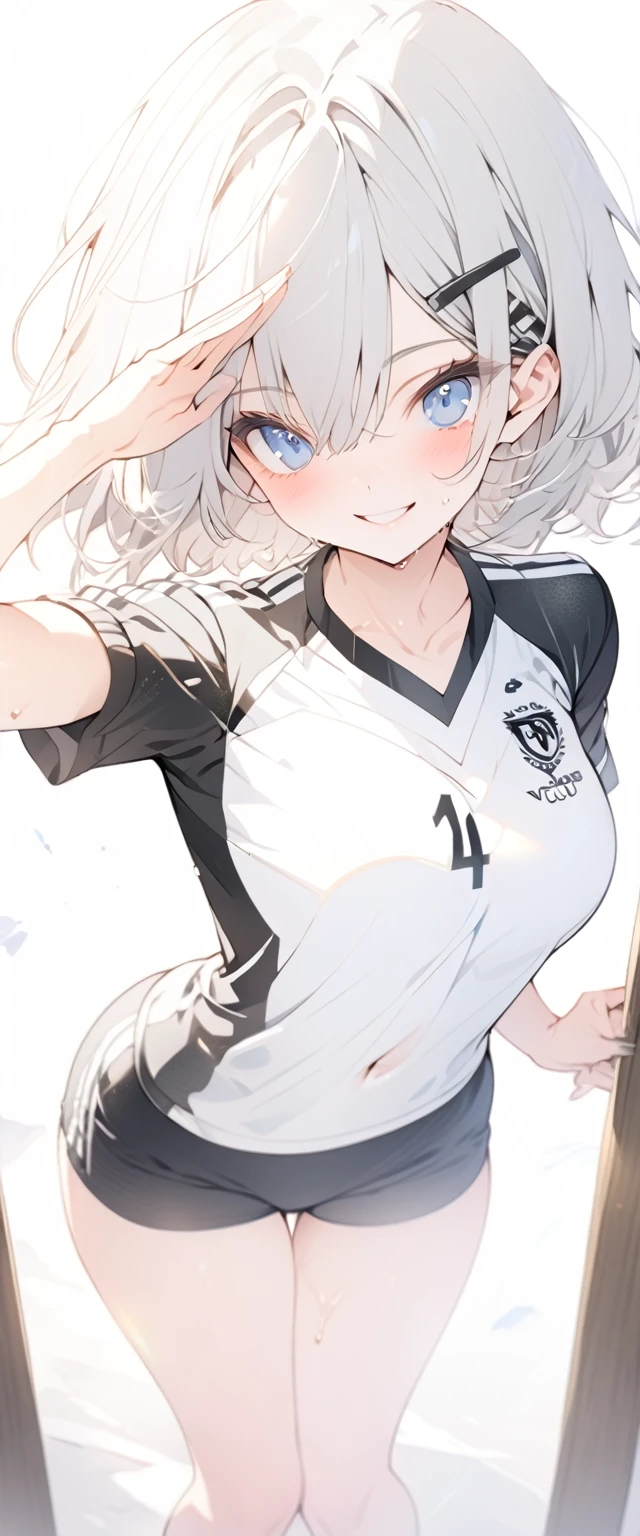 beautiful, masterpiece, Highest quality, anime, One girl, C Cup,Portrait Shot, View your viewers, Covered、Short Hair、nearby、Blue Eyes、art、、White hair,Blue streaked hair、hairpin、Cute smile、Thighs、Cute、Beautiful breasts、Sweat、Volleyball Club、Volleyball uniform、separate、mirror、Private room、navel、salute