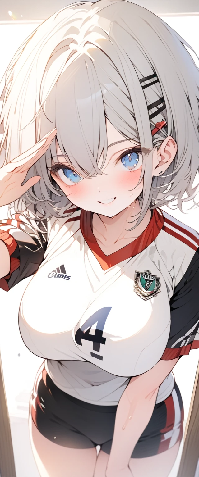 beautiful, masterpiece, Highest quality, anime, One girl, C Cup,Portrait Shot, View your viewers, Covered、Short Hair、nearby、Blue Eyes、art、、White hair,Blue streaked hair、hairpin、Cute smile、Thighs、Cute、Beautiful breasts、Sweat、Volleyball Club、Volleyball uniform、separate、mirror、Private room、navel、salute