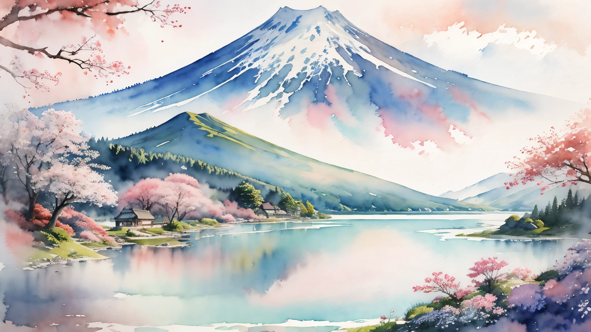 (masterpiece:1.2, Highest quality),(Very detailed),(((watercolor))),8K,wallpaper,Japanese Landscape,Fuji Mountain,Lake Kawaguchi