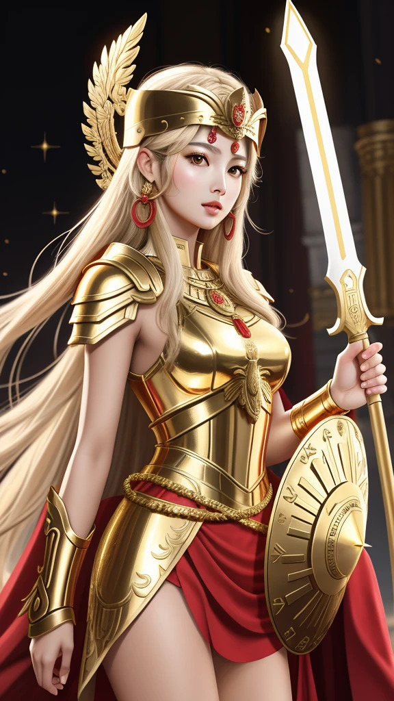 Greek goddess Athena, red tunic, golden armor, golden shield. rostro de jennie kim. good body, whole body. Vestido blanco, falda roja armadura de oro. Lleva un caso de guerra griego conocido como Galea con un penacho alto
