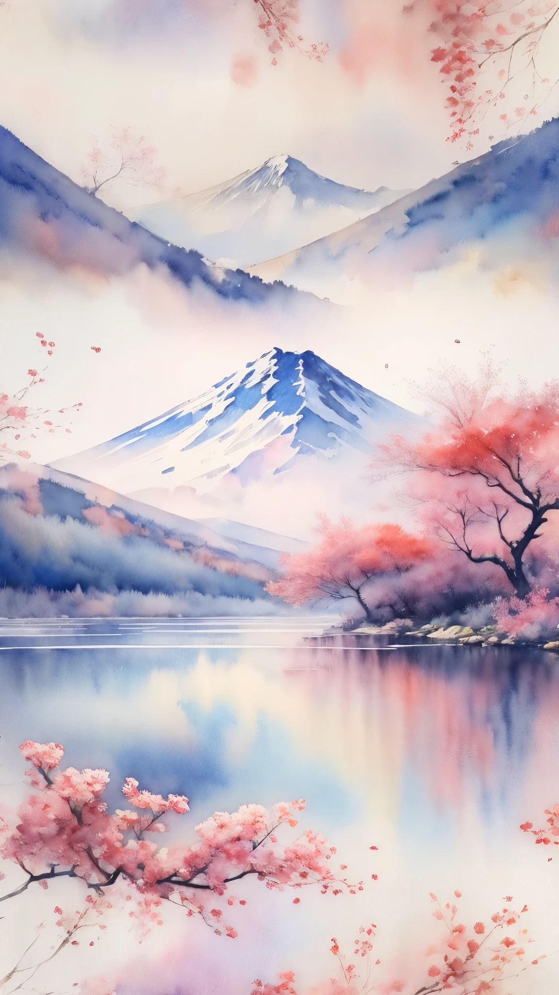 (masterpiece:1.2, Highest quality),(Very detailed),(((watercolor))),8K,wallpaper,Japanese Landscape,Fuji Mountain,Lake Yamanaka,spring