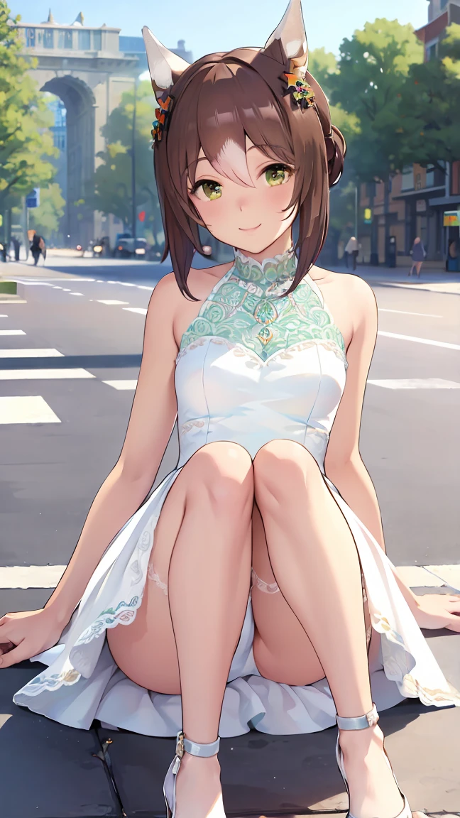 masterpiece, Highest quality, High resolution, Very detailed,(((Fine Motion))), (((White Dress))), (((smile))), Bare legs