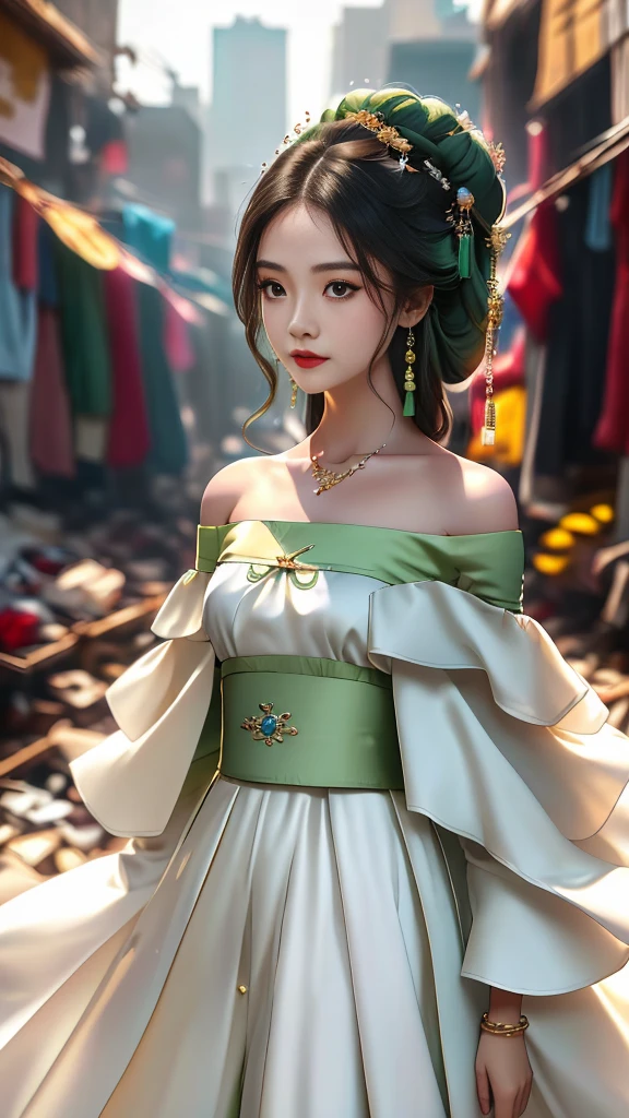 Girl in traditional Chinese clothing, Hanfu, Guzhen Hanfu women, White Hanfu,long straight black hair, black eyes, black bun hairstyle, hair accessories ,white diamond earrings, Bangle Diameter, Dia Necklace, Clear eyes, Facing forward,put on makeup, Long eyelashes ,(Long shoulder coat, light green:1.5), (long white skirt:1.5), ((Whole body)), ((from below))ฃ, Clear face, , (Very beautiful face, Beautiful mouth, beautiful eyes), detailed face, ((Ultra-fine skin)), In the dark, deep shadows, an ancient Chinese girl (Very slim figure 1.3) ,Plump breasts, sexy slender legs elegant posture (smile brightly) ,(slum:1.5),