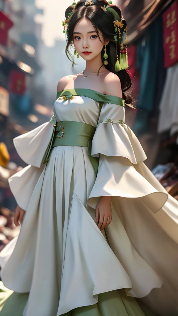 Girl in traditional Chinese clothing, Hanfu, Guzhen Hanfu women, White Hanfu,long straight black hair, black eyes, black bun hairstyle, hair accessories ,white diamond earrings, Bangle Diameter, Dia Necklace, Clear eyes, Facing forward,put on makeup, Long eyelashes ,(Long shoulder coat, light green:1.5), (long white skirt:1.5), ((Whole body)), ((from below))ฃ, Clear face, , (Very beautiful face, Beautiful mouth, beautiful eyes), detailed face, ((Ultra-fine skin)), In the dark, deep shadows, an ancient Chinese girl (Very slim figure 1.3) ,Plump breasts, sexy slender legs elegant posture (smile brightly) ,(slum:1.5),