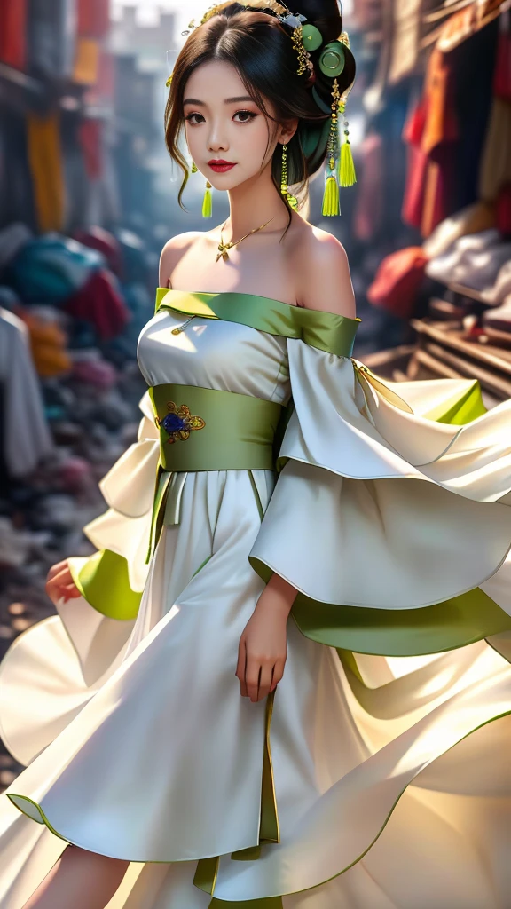 Girl in traditional Chinese clothing, Hanfu, Guzhen Hanfu women, White Hanfu,long straight black hair, black eyes, black bun hairstyle, hair accessories ,white diamond earrings, Bangle Diameter, Dia Necklace, Clear eyes, Facing forward,put on makeup, Long eyelashes ,(Long shoulder coat, light green:1.5), (long white skirt:1.5), ((Whole body)), ((from below))ฃ, Clear face, , (Very beautiful face, Beautiful mouth, beautiful eyes), detailed face, ((Ultra-fine skin)), In the dark, deep shadows, an ancient Chinese girl (Very slim figure 1.3) ,Plump breasts, sexy slender legs elegant posture (smile brightly) ,(slum:1.5),